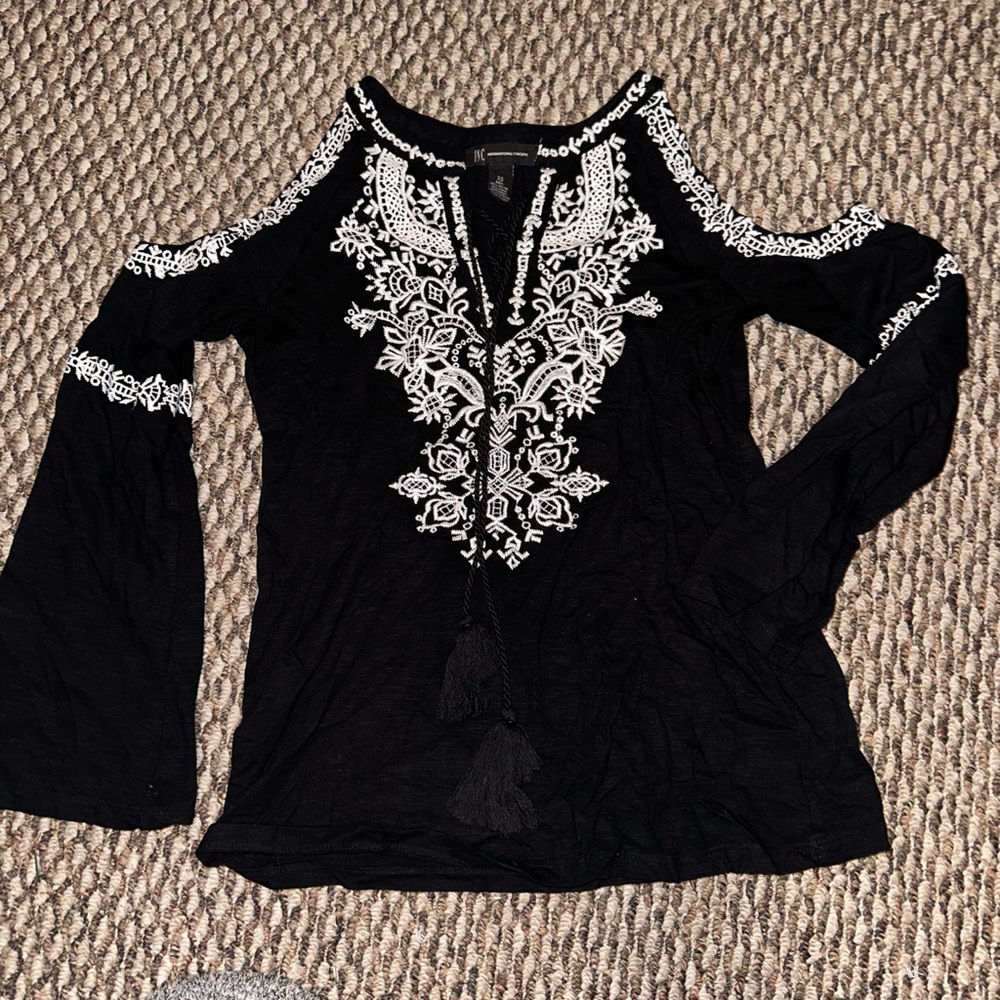 INC International Concepts Black Embroidered Blouse